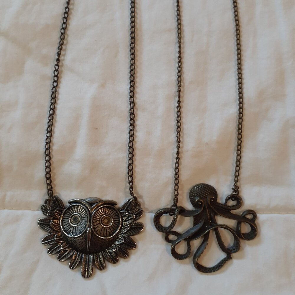 Owl and Octopus Necklace Duo  Bronze Tone
